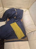 Classic Navy Blue Embroidered 3-Piece Suit with Olive Green Dupatta