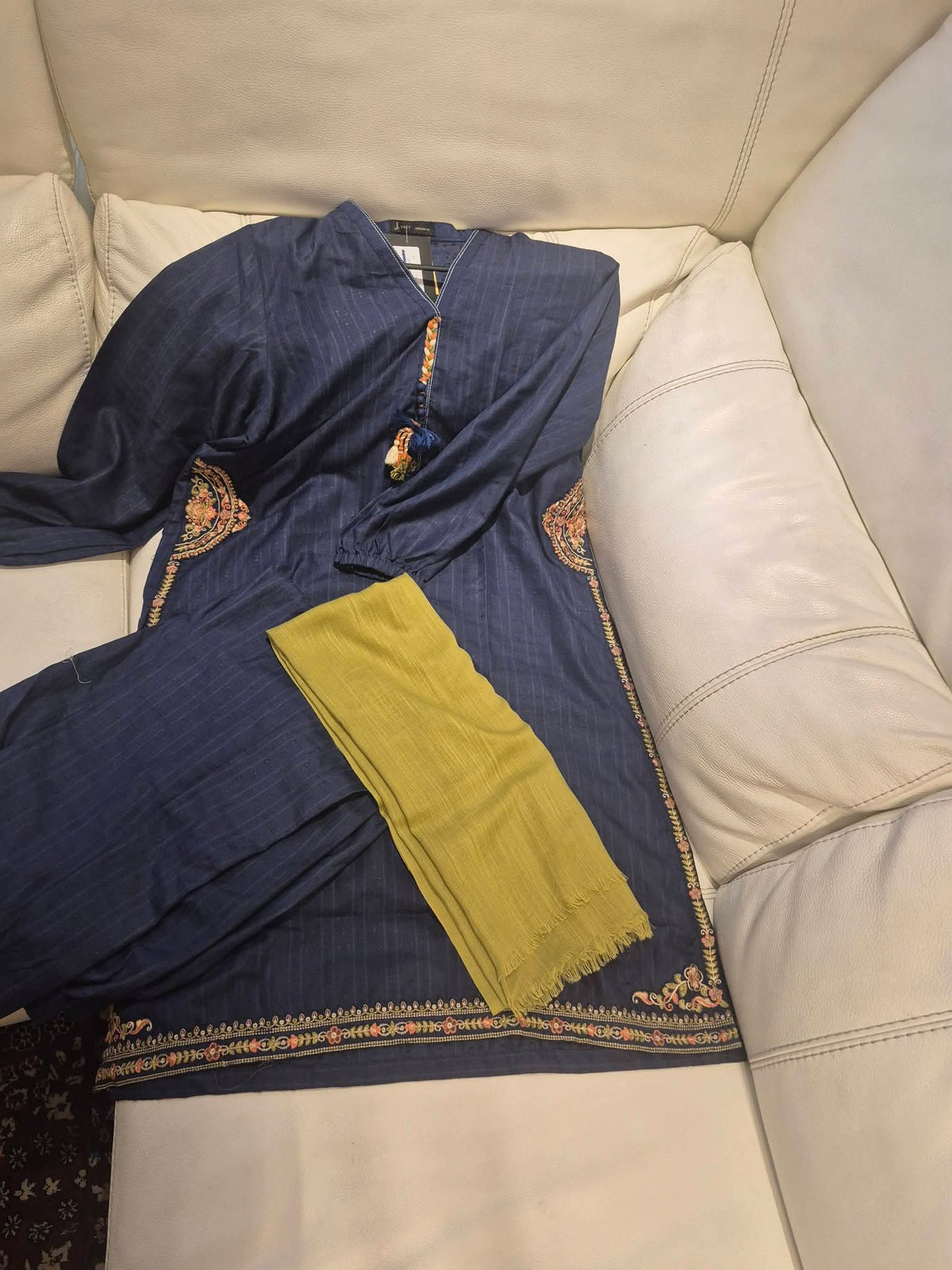 Classic Navy Blue Embroidered 3-Piece Suit with Olive Green Dupatta